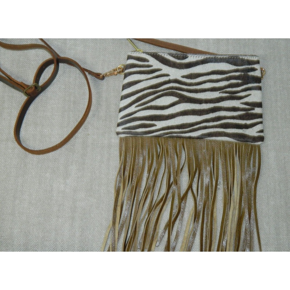 Crossbody Purse Bag Brown Zebra Cow Calf Hair Leather Fringe Crossbody USA - Picture 1 of 9